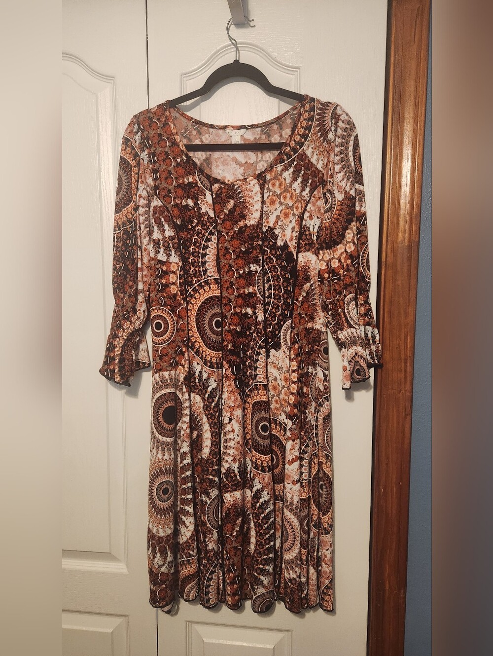 Brown Patterned Long-Sleeve Swing Dress